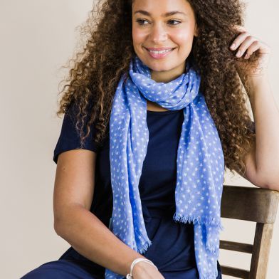 Blue Cotton Scarf with White Multi Star Print by Peace of Mind